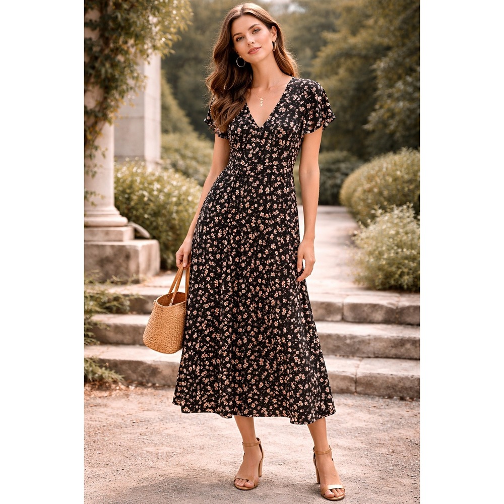 Rue Stiic Black Floral Button Front Midi Dress Womens‎ Medium Short Sleeve Bali